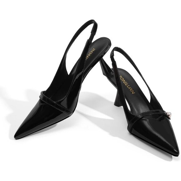 Women's Black Kitten Heels Slingback Pointed Toe Low Heel Pumps Dress Shoes - Picture 5 of 7